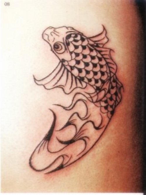 Grey Ink Carp Fish Tattoo On Bicep